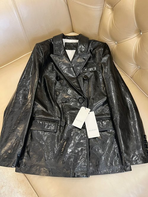 Gucci Double-Breasted Leather Suit Jacket with Vintage Intellectual Style and Imported Cowhide