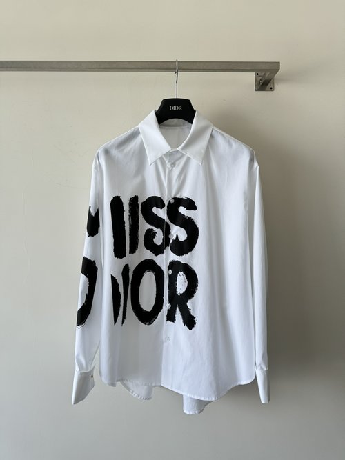 Dior Chic Long-Sleeve Shirt with Hand-Painted Logo and Metal Buttons