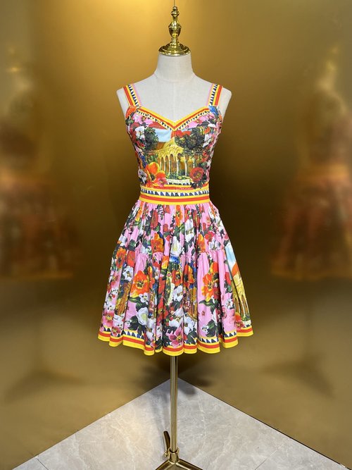 Dolce & Gabbana Pink Peony Roman Building Cotton Big Swing Mini Skirt