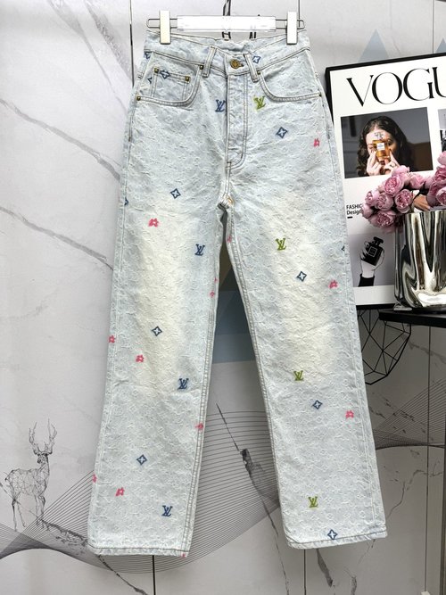 Louis Vuitton Designer Denim Pants with Embroidered Logo and Cut-Out Details