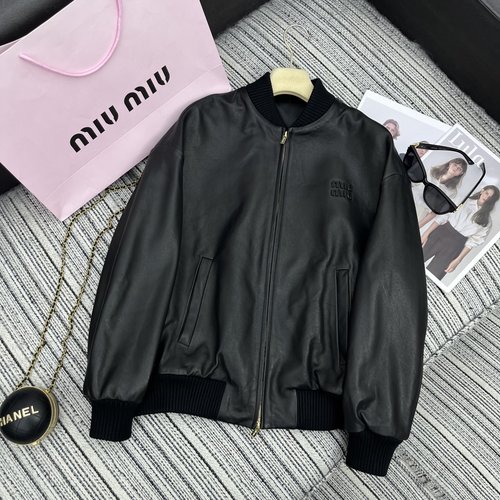 Miu Miu Early Autumn Series Lamb Leather Jacket with Embroidered Letters