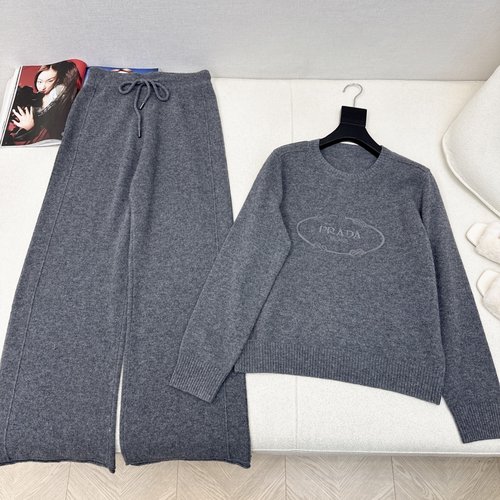 Prada Lazy Style Wool Set: Cardigan with Logo Embroidery and Straight Pants
