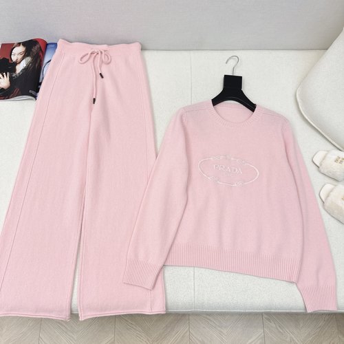 Prada Lazy Style Wool Set: Cardigan with Logo Embroidery and Straight Pants