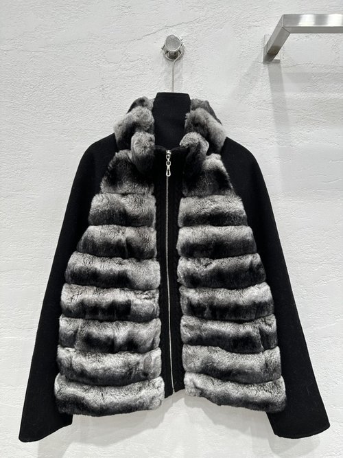 Loro Piana Exclusive High-end Rex Rabbit Fur Collared Jacket with Cashmere Splicing