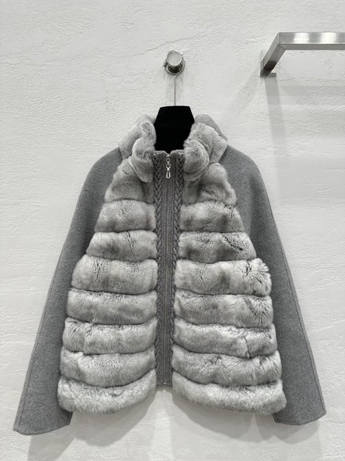 Loro Piana Exclusive High-end Rex Rabbit Fur Collared Jacket with Cashmere Splicing
