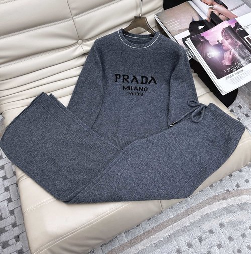 Prada Embroidered Wool Knit Top and High-Waisted Pants Set with Logo Accent