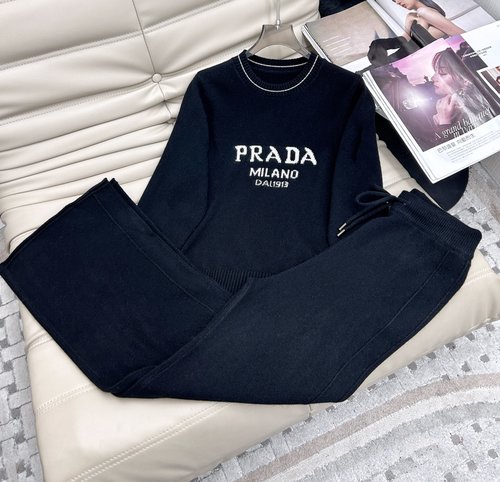 Prada Embroidered Wool Knit Top and High-Waisted Pants Set with Logo Accent