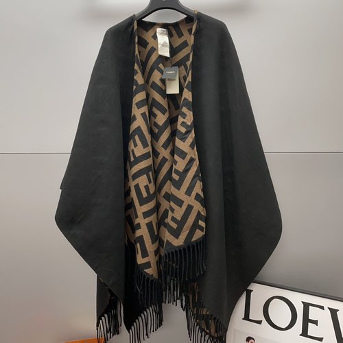 Dior Reversible Wool-Cashmere Cape, Brown FF on Black with Fringe