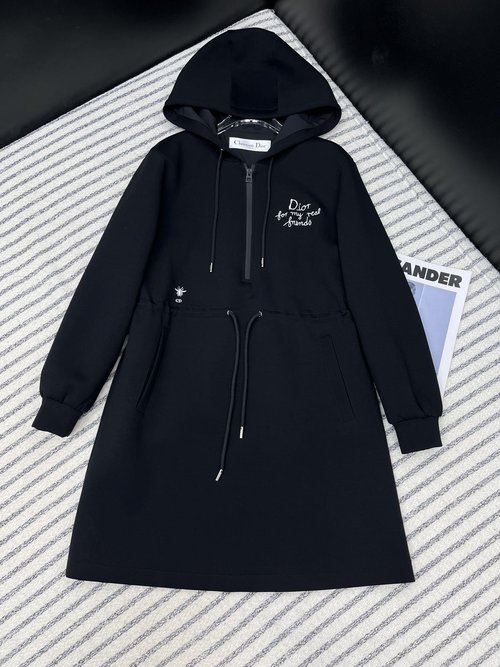 Dior Embroidered Logo Hooded Dress with Dual Pockets