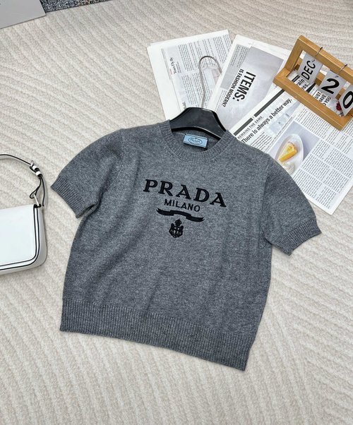 Prada Classic Solid Embroidered Short-sleeve Knit Option