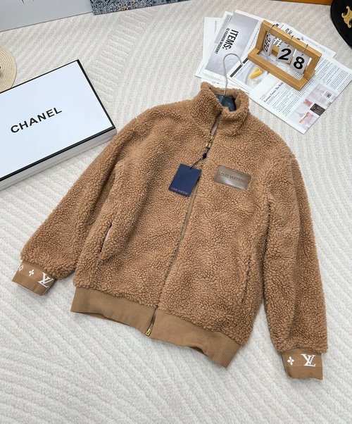 Louis Vuitton Fleece Coat with Logo Patch and Contrast Rib