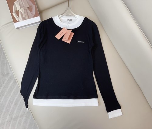 Miu Miu Customized Cotton Slim Fit Long Sleeve T-shirt with Fake Two-piece Design
