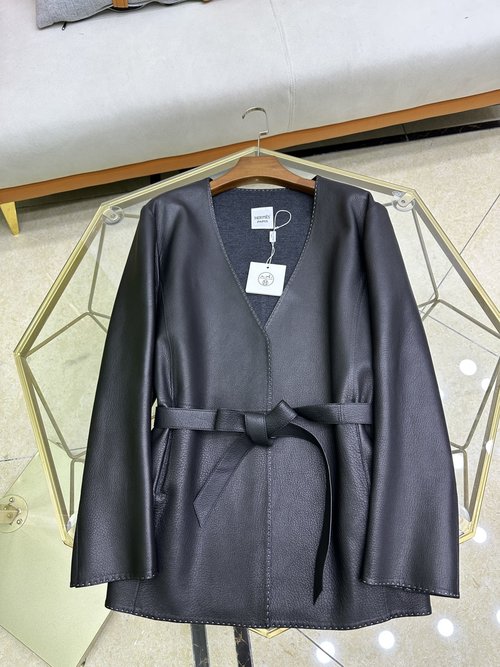 Hermes Top-Quality Leather Jacket with Minimalist Style and Wool Lining