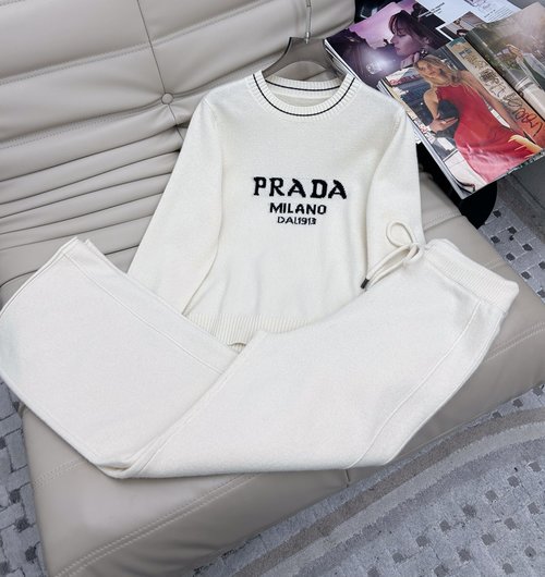 Prada Embroidered Wool Knit Top with High-waist Pants Ensemble in Three Colors