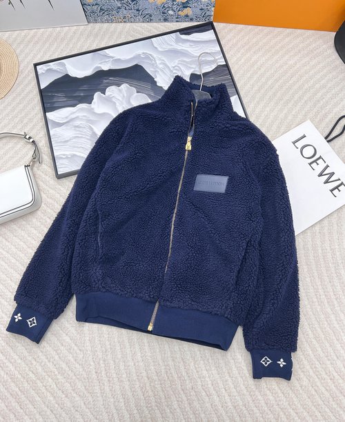 Louis Vuitton Fleece Coat with Logo Patch and Contrast Rib