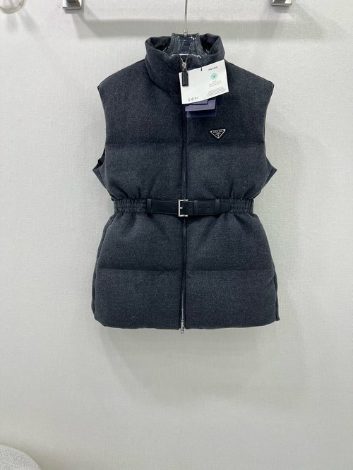 Prada Elegant 90% White Goose Down Waistcoat with Leather Belt and Logo