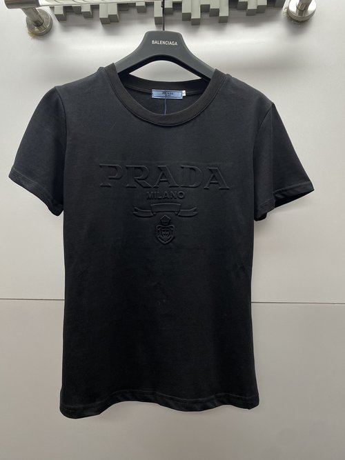 Prada Classic Comfort Cotton Crew Neck Tee with Embossed Logo and Relaxed Fit