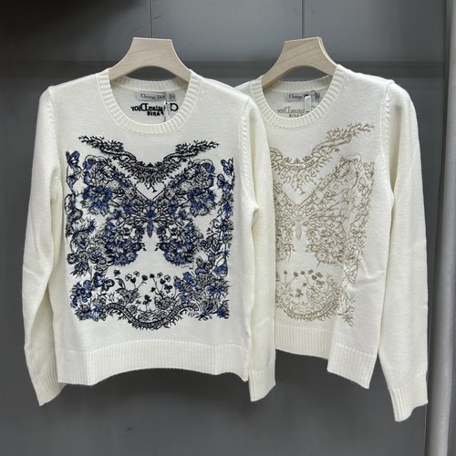 Dior Round Neck Long - Sleeve Knitwear with Embroidered Butterfly Flowers, Luxurious and Elegant