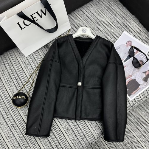 Loewe Recommended Winter Leather Fur-Inlaid V-Neck Coat