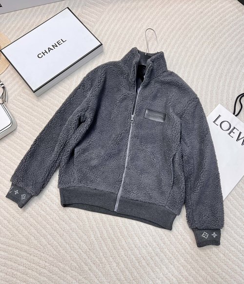 Louis Vuitton Ribbed Stand Collar Fleece Coat, Retro Color and Loose Fit