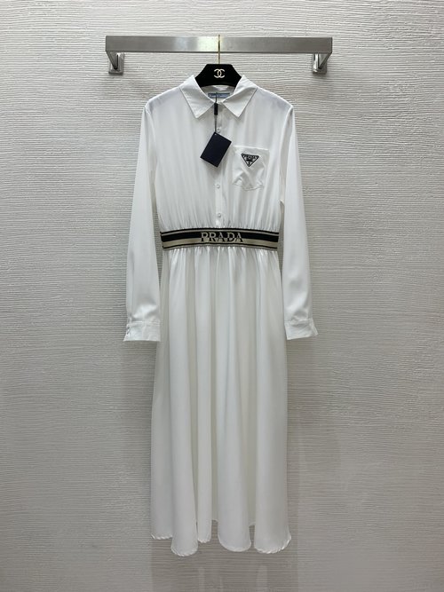 Prada Slimming Long-sleeve Dress with Pocket and Logo Embroidery