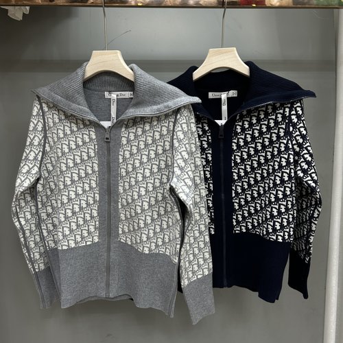 Dior Double - sided Zip - Up Navy Collar Sweater with All - over Letter Jacquard