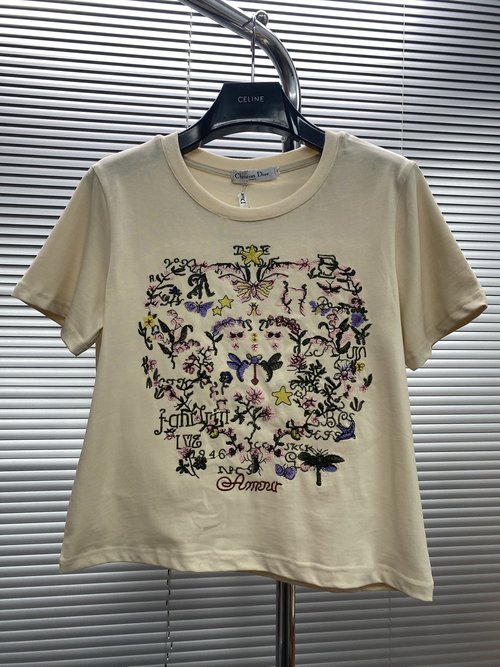 Dior Embroidered Round-Neck Short-Sleeve T-Shirt with Floral Motifs, Apricot or Black
