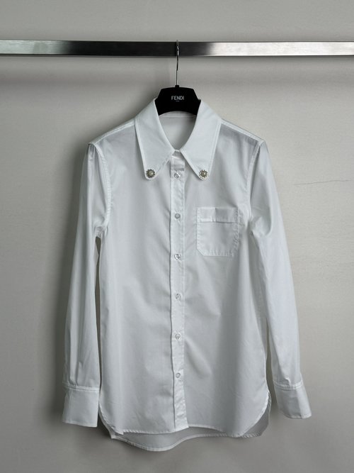 Valentino Long-sleeved Cotton Shirt with Pearl Crystal Accents