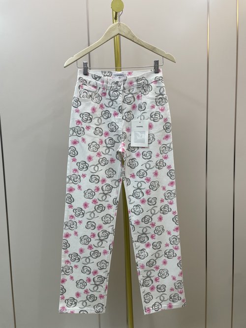 Chanel Hand-painted Camellia Ski-Style Denim Jeans