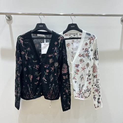 Dior Refined V-Neck Knit Cardigan with Floral Embroidery
