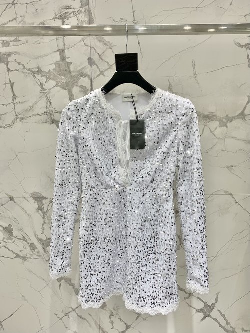 Yves Saint Laurent Sequined Lace-Collar Dress for a Graceful Appearance