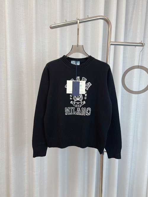 Prada Jacquard Logo Wool Long-Sleeve Top, Cozy and Fashionable