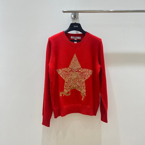 Dior Red Round Neck Knit Sweater with Floral Star Embroidery