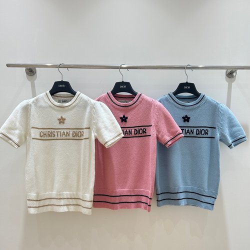 Dior Elegant Dior-style Star Embroidery Bubble Sleeve Short-sleeved Blouse