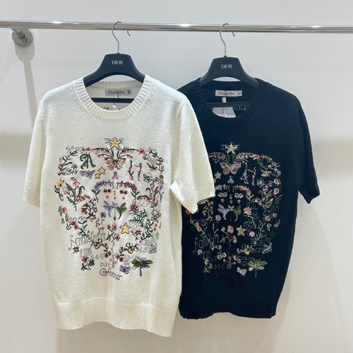 Dior Elegant Floral-Embroidered Round-Neck Short-Sleeve for Daily Use
