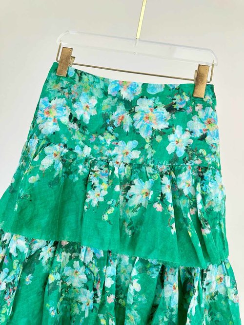 Louis Vuitton Resort Green Watercolour Floral Tiered Midi Skirt