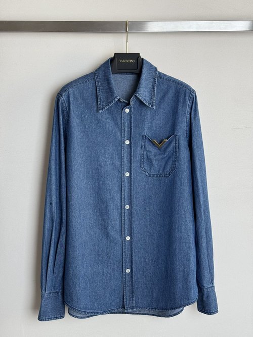 Valentino High-Quality Washed Denim Shirt with Metal V Logo and Versatile Appeal