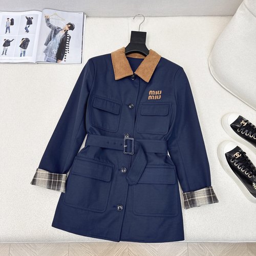 Miu Miu Exclusive Check-lined Corduroy Belted Trench Coat