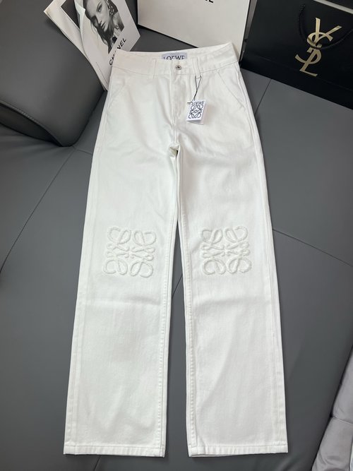 Loewe Embroidered Knee Logo Straight-Leg White Denim Trousers