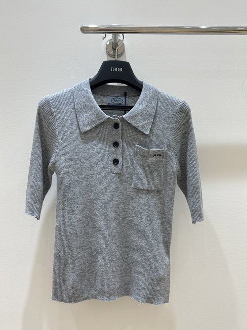Prada Polo Collar Single-Pocket Knit T-Shirt, Tailored and Versatile