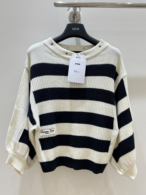 Dior French Elegant Stripe Round - Neck Knit Top with Lantern Sleeves