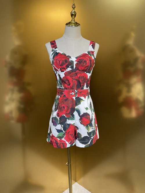 Dolce & Gabbana White Background Red Rose Printed Cotton Crop Top with Shorts