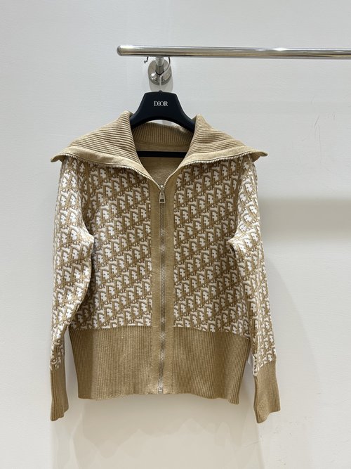 Dior Full-Letter Jacquard Navy Collar Zip Cardigan, Reversible and Slimming