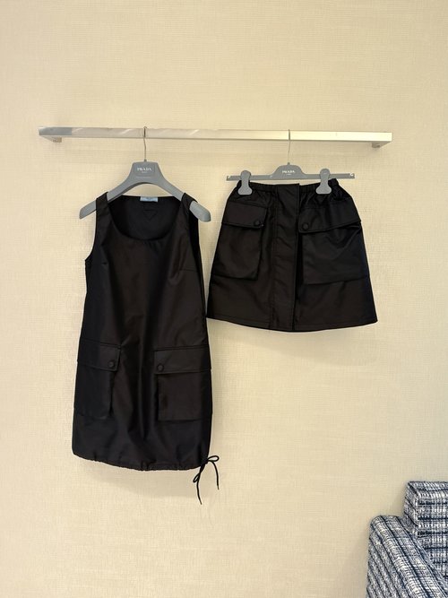 Prada Stylish Solid Black Nylon Sleeveless Dress with Custom Logo