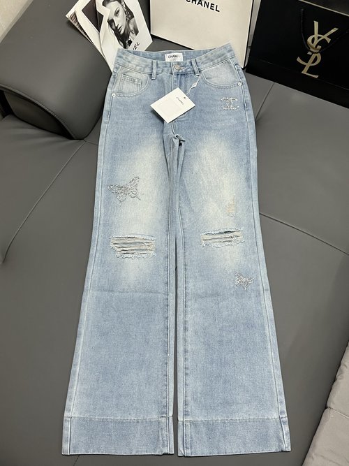 Chanel Diamond-Embellished Flare Jeans with Double C Logo