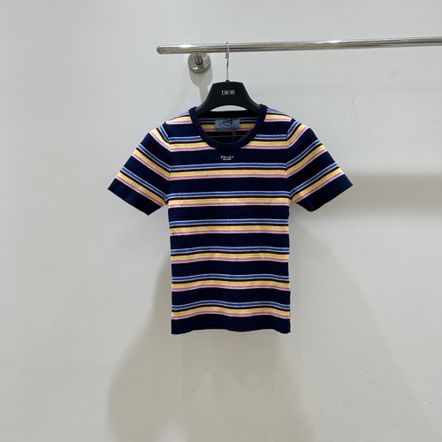 Prada Stylish Color - striped Embroidered Letter Short Sleeve Knit Top