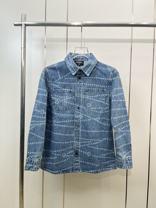 Chanel Classic Pearl Chain Laser-Burned Denim Shirt