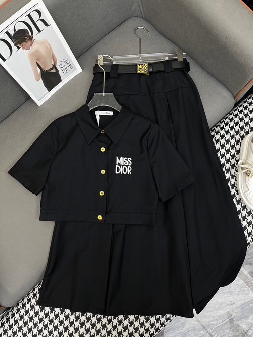 Dior Collared Top and Skirt Set with Letter Embroidery, Simple and Elegant