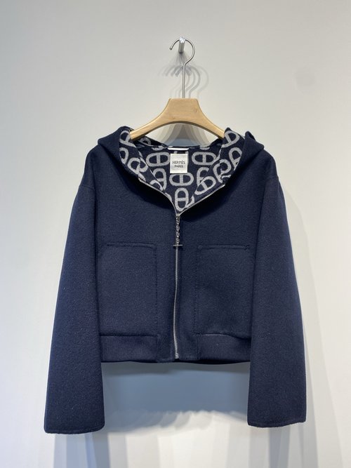 Hermes Double-Sided Pig-Nose Woolen Coat with Colorful Jacquard