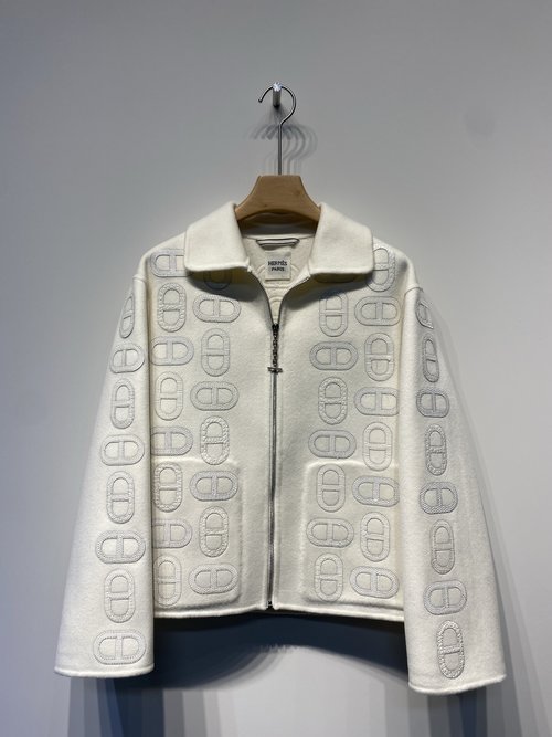 Hermes Short Collared Cashmere Coat with Genuine Leather Embroidery